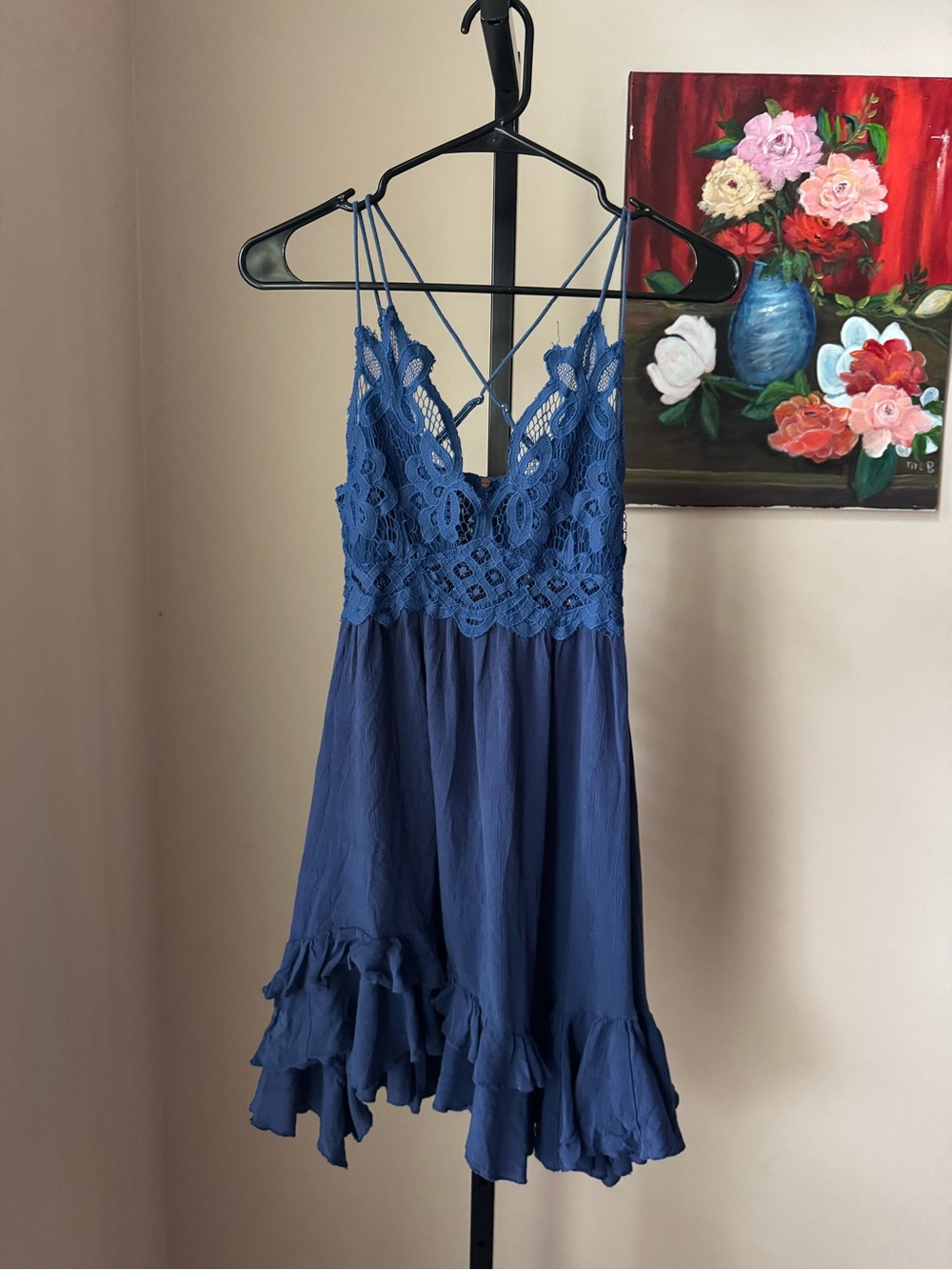 Free people navy blue Adella Lace-Trim Navy Blue Flowy Mini Dress - Picture 2 of 8